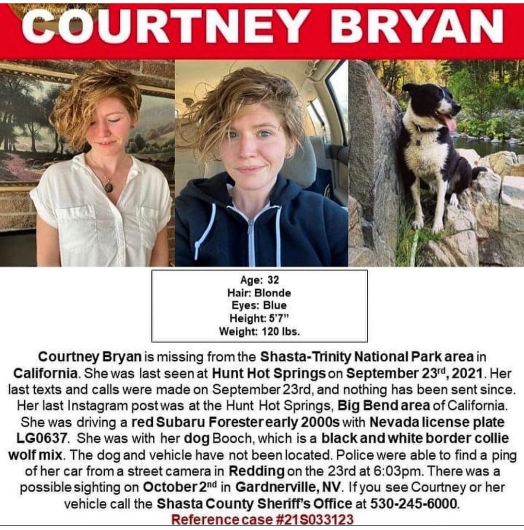 @sunscreendreams @NBCNews Active Search #MissingPerson 
#courtneybryan #Booch 
Last known lication #HuntHotSprings 
#ShastaTrinityNationalForest #California