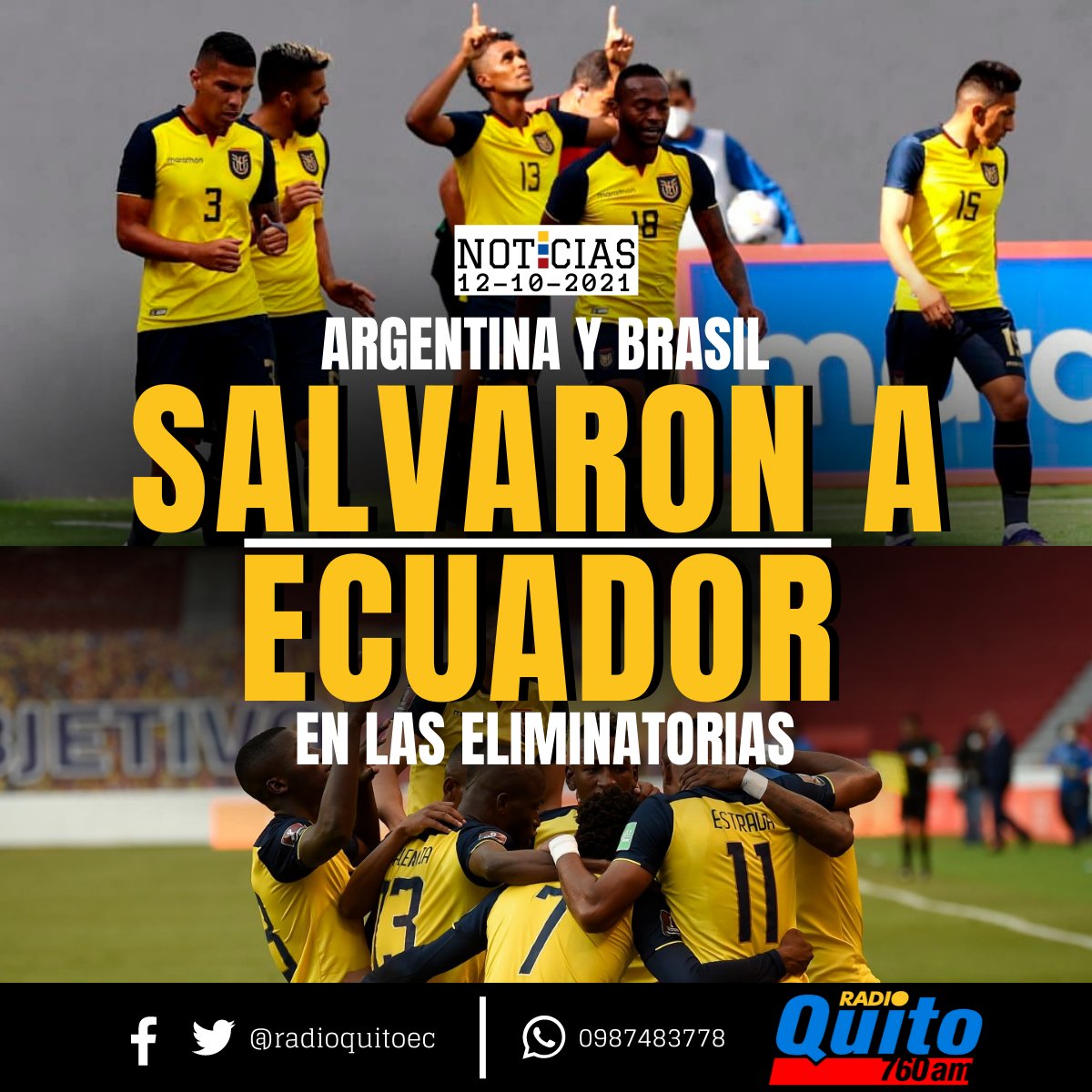 radioquitoec's tweet photo. “Todos #jugaron para #Ecuador, menos #Ecuador”, es una frase que se volvió común después de la última fecha de eliminatorias para el Mundial de #Catar2022. Pese a la derrota 2-1 ante Venezuela, la #Tri se mantiene en el tercer puesto, en zona de clasificación directa. https://t.co/2oeiWC6Klw