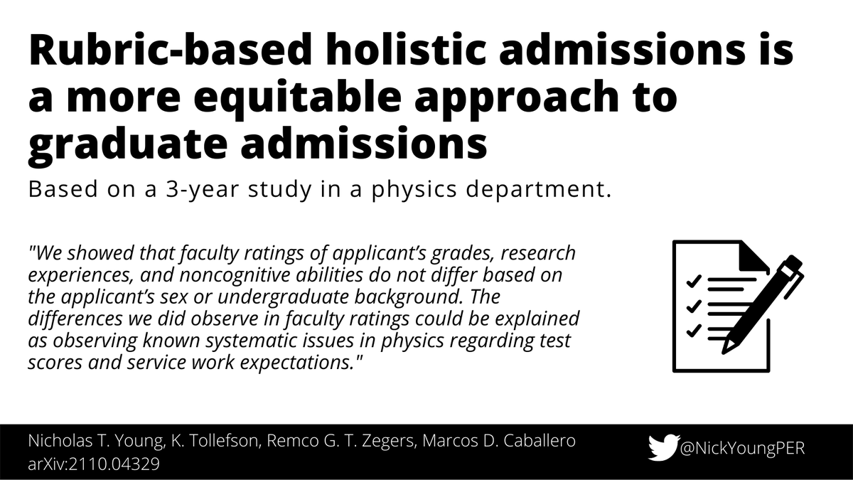 Looking to make your graduate admissions process more equitable? Our latest research suggests that using rubric-based holistic review for applicants is a promising and practical way to do so. 1/n arxiv.org/abs/2110.04329