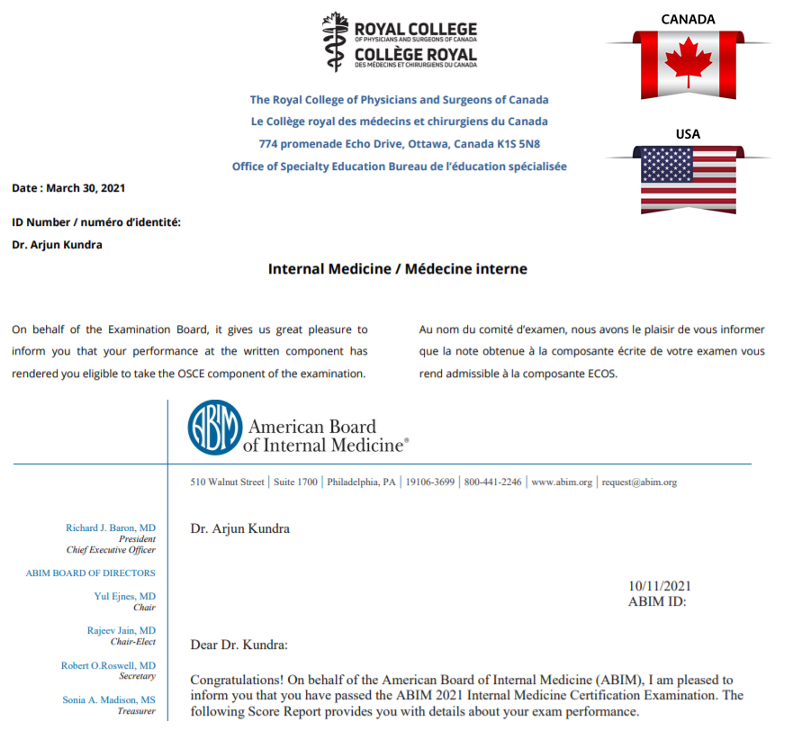 KundraMD's tweet photo. Officially Dual Board Certified in Canada and the USA!
Couldn't have done it without @queensuim and all the great colleagues and mentors who supported me through my training. #FRCPC #ABIM https://t.co/FKRJX0baZJ