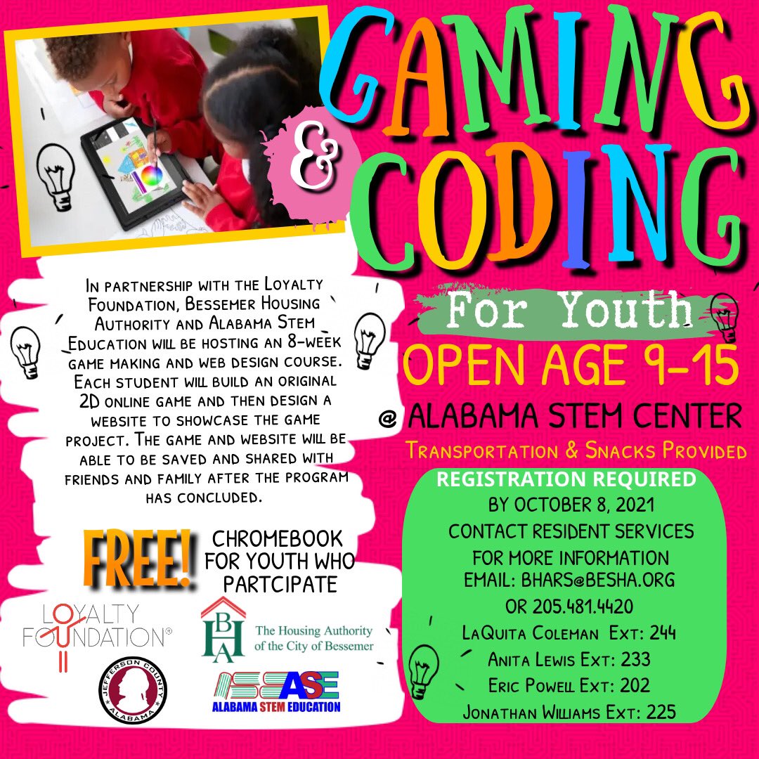 Devices4All's tweet photo. The doors to #digitalequity are opening for students from underserved communities in Jefferson County, AL! @Devices4All is providing an 8-week game-making and web design course, starting with the 
Bessemer Housing Authority.  Next stop @HousingBham! https://t.co/h2QAyieKhO