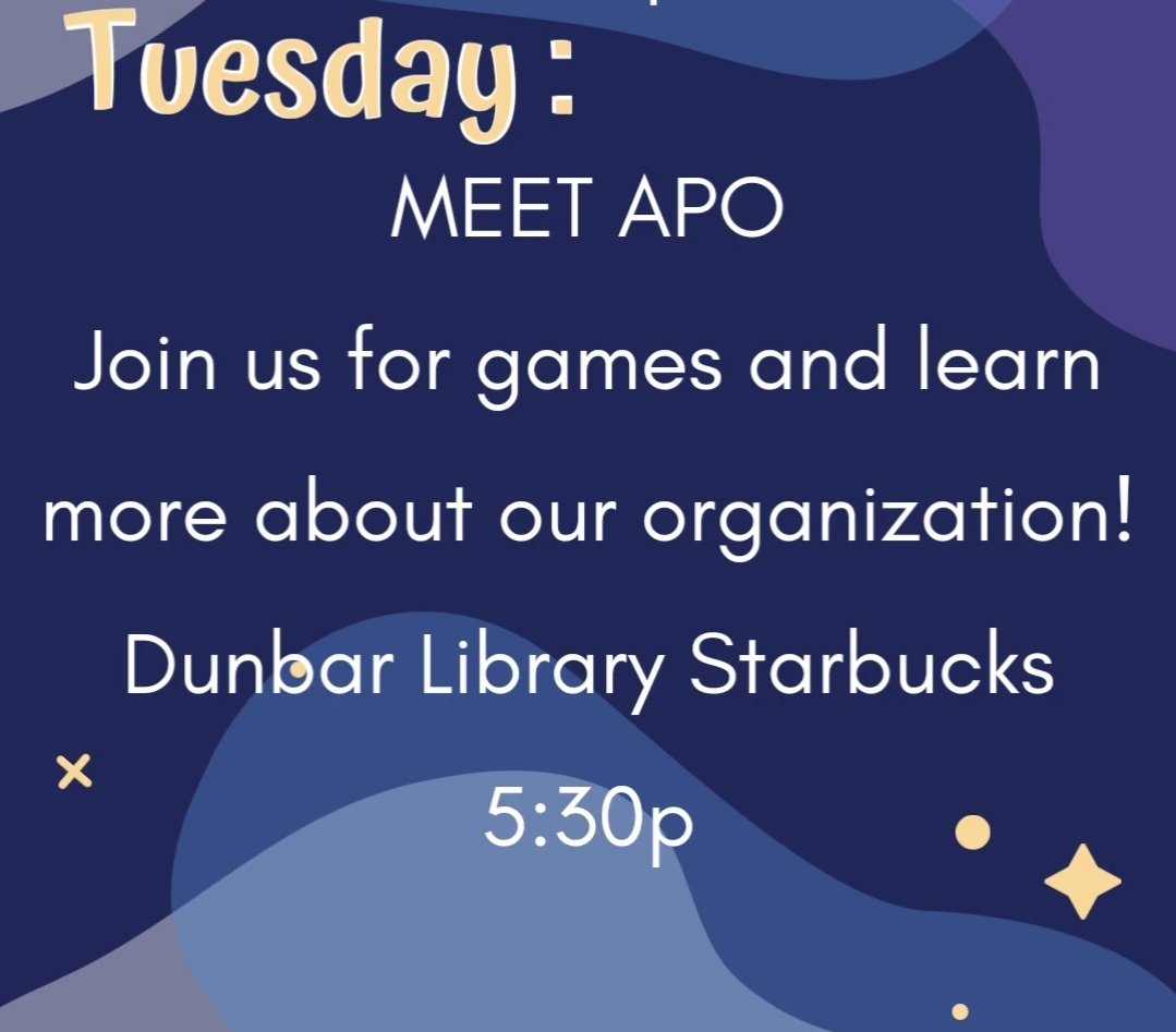 Come meet APO tonight in Dunbar Library! Join hs for some games and learn more about our organization!

<a href="/wrightstate/">Wright State University (Dayton, OH)</a> <a href="/WSU_SIL/">Student Involvement and Leadership Center</a> <a href="/RowdyWSU/">Rowdy Raider 🐺 Wright State U Mascot</a> <a href="/SGA_WSU/">WSU Student Government Association</a> @WSUAB <a href="/WSU_RCA/">RCA</a> <a href="/wsu_fsc/">WSU Greek Life</a>