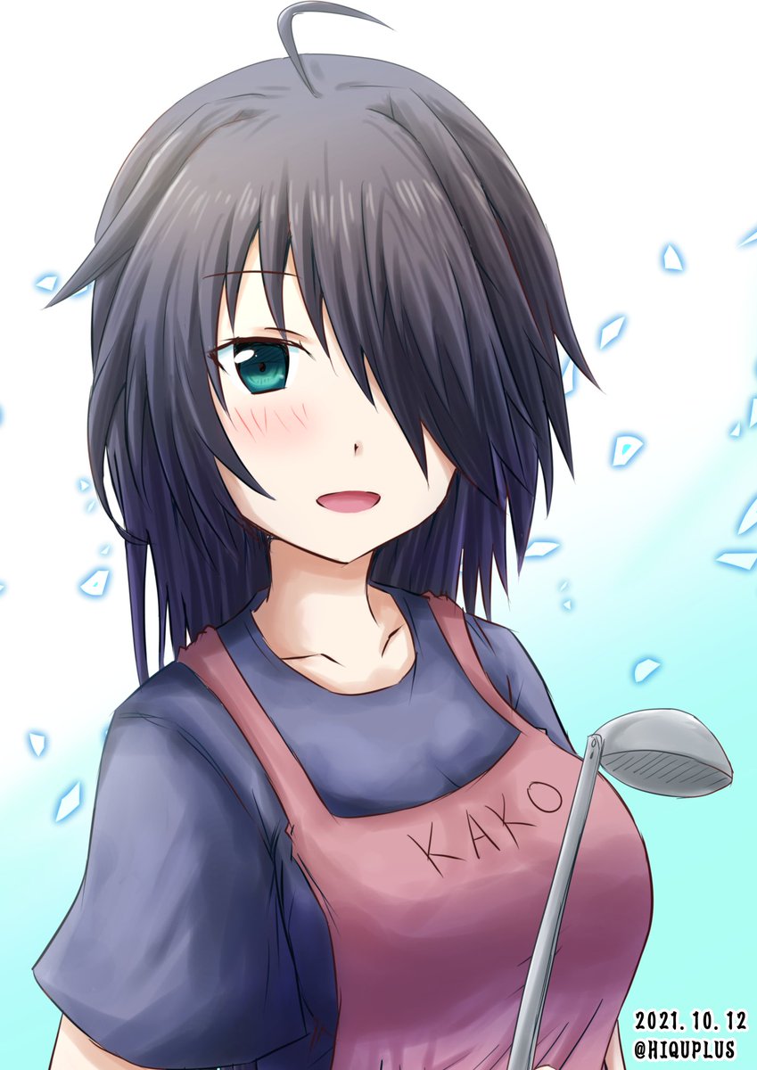 kako (kancolle) 1girl solo black hair one-hour drawing challenge hair over one eye apron ahoge  illustration images