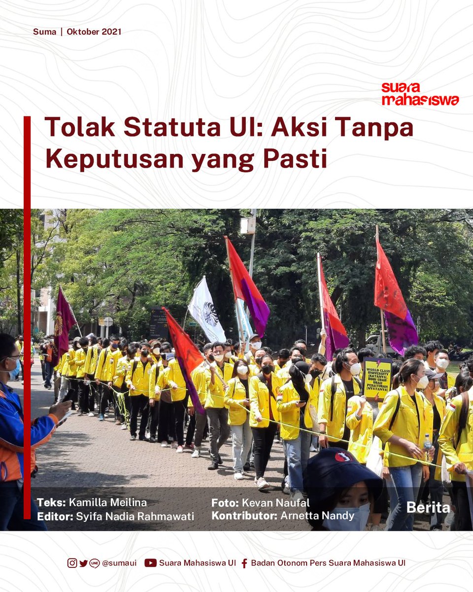 SumaUI's tweet photo. [BERITA] 

Tolak Statuta UI: Aksi Tanpa Keputusan yang Pasti 

Selengkapnya dapat Sumates baca pada https://t.co/XnmkkVYqKr

#Suma_HardNews #UniversitasIndonesia #RektorUI #StatutaUI #BEMUI #Mahasiswa https://t.co/0AdhgnAKVp