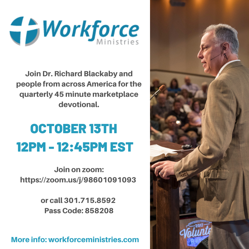 richardblackaby's tweet photo. I hope you can join me Wednesday Oct 13 for the quarterly zoom call at 12:00 EST. We'll be discussing how to overcome the evil that is widespread in society and the workplace today. https://t.co/GxB3gLjr9f