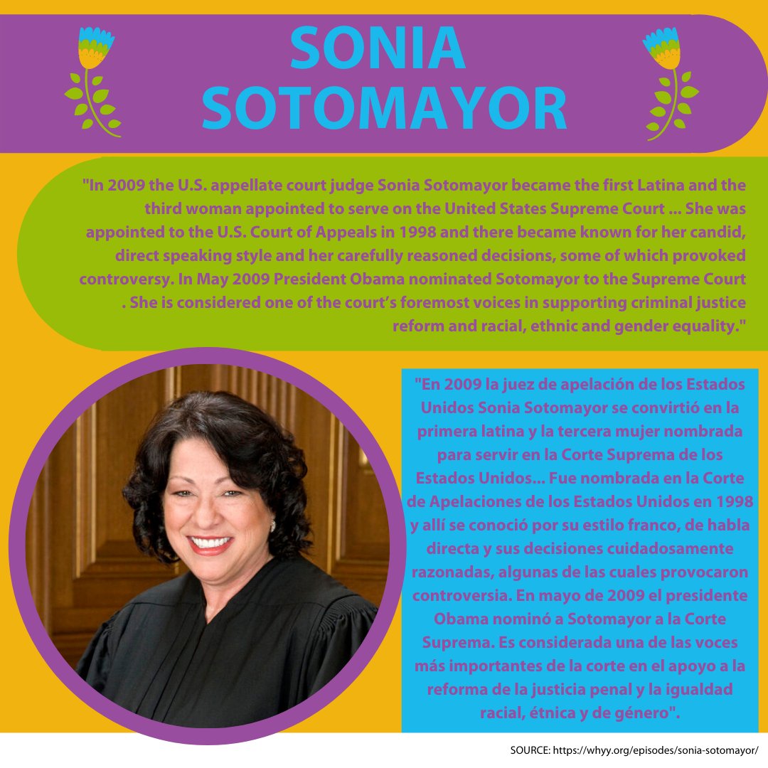 Hoy, queremos celebrar a Sonia Sotomayor y sus contribuciones a la herencia hispana. Para obtener más información, visite linktr.ee/dci_nc #MesdelaHerenciaHispana