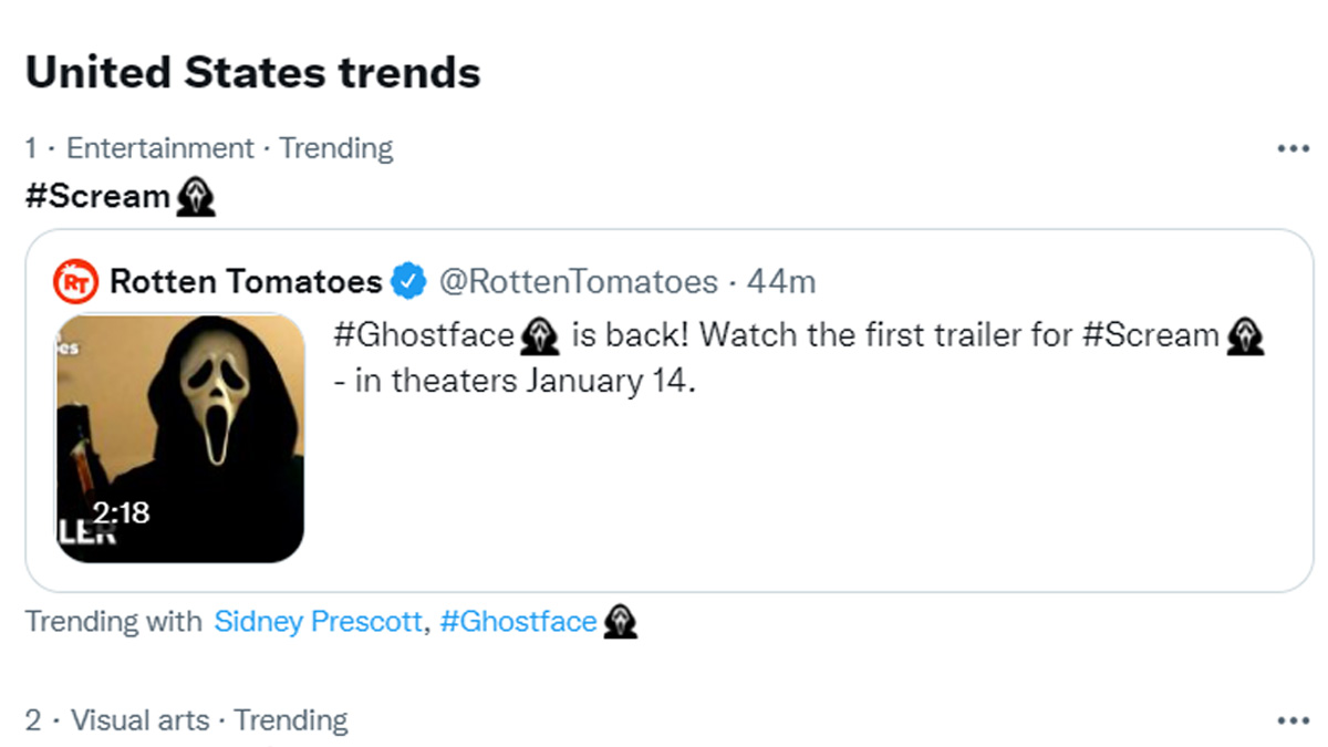 ScreamMovies's tweet photo. I'll be right back... at #1. 
Thank you to all our #Scream fans 🔪❤️ https://t.co/n1Wdv1HTFL