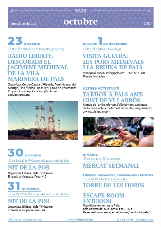 sesgarites's tweet photo. Aquestes són les activitats que es fan a Pals aquest octubre! Algunes ja han passat però encara queden sortides guiades, caminades, scape rooms i cates de vins i arrosos 🍽🍷#sesgarites #Historia #turismerural #Pals https://t.co/JcUiHnazDN
