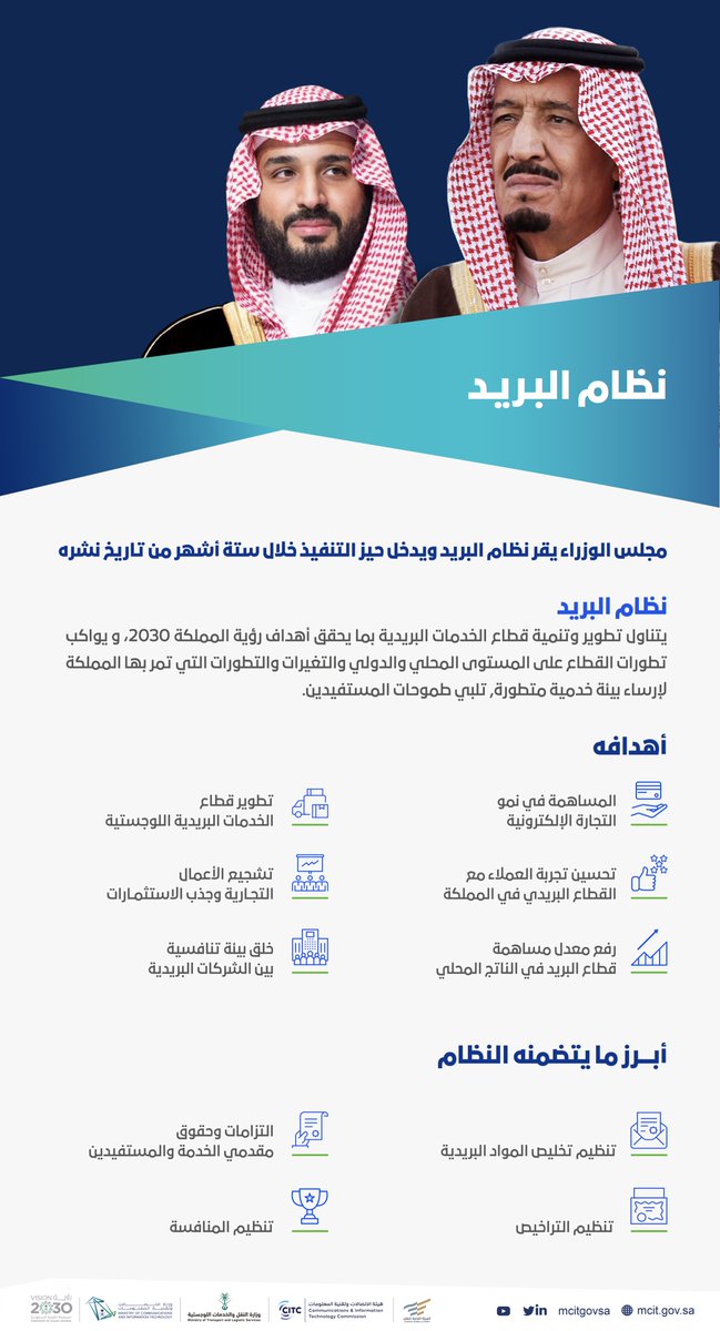 McitGovSa's tweet photo. موافقة مجلس الوزراء على #نظام_البريد ، يؤكد اهتمام القيادة في قطاع الخدمات البريدية اللوجستية لدوره الفاعل والمهم في تعزيز الاقتصاد الرقمي وتحقيق #رؤية_السعودية_2030 https://t.co/csa5CIZWiZ