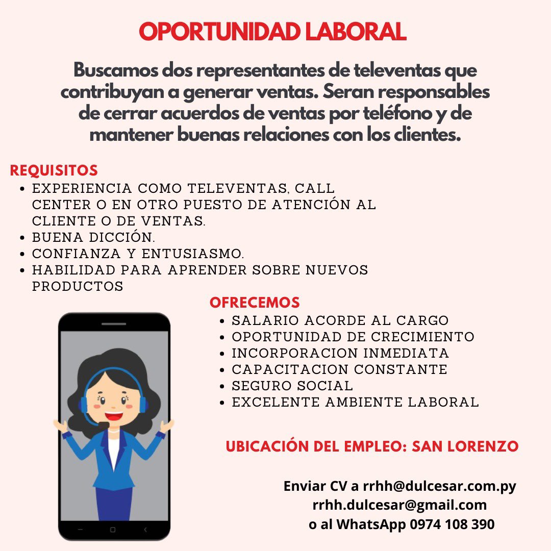 DulCesarPy's tweet photo. #OportunidadLaboral #TrabajoPy
Compartir para que llegue a la persona indicada 🥰🙏🏻
Solo tenemos vacante en este puesto que publicamos 🖋 https://t.co/8ntZSPjozH
