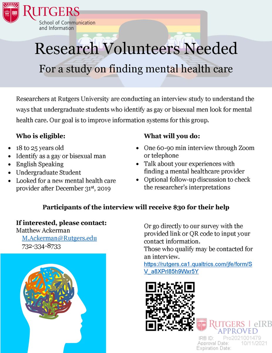 theacks103's tweet image. Are you in college and self-identify as a gay or bisexual man? Have you searched for a mental healthcare provider since the start of 2020? We would like to talk with you about your experiences for our research study. rutgers.ca1.qualtrics.com/jfe/form/SV_a8…