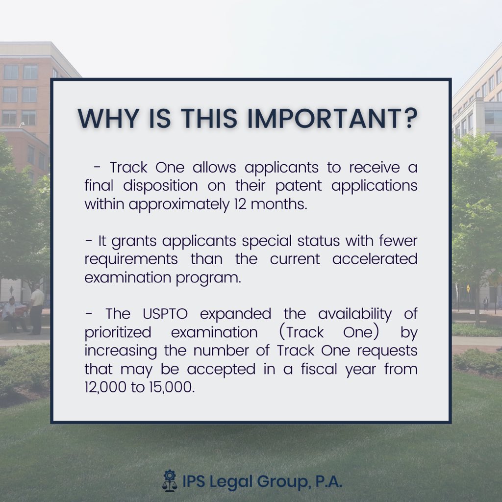 ipslegalgroup's tweet photo. This is insane 🤯 There’s space for about 3,000 more track one applications!
If you’re interested to see if you qualify to apply for the track one, contact us!
#IPSLegalGroup #patentattorney #patentlaw #ipattorney #uspto https://t.co/kIv50HyPF7