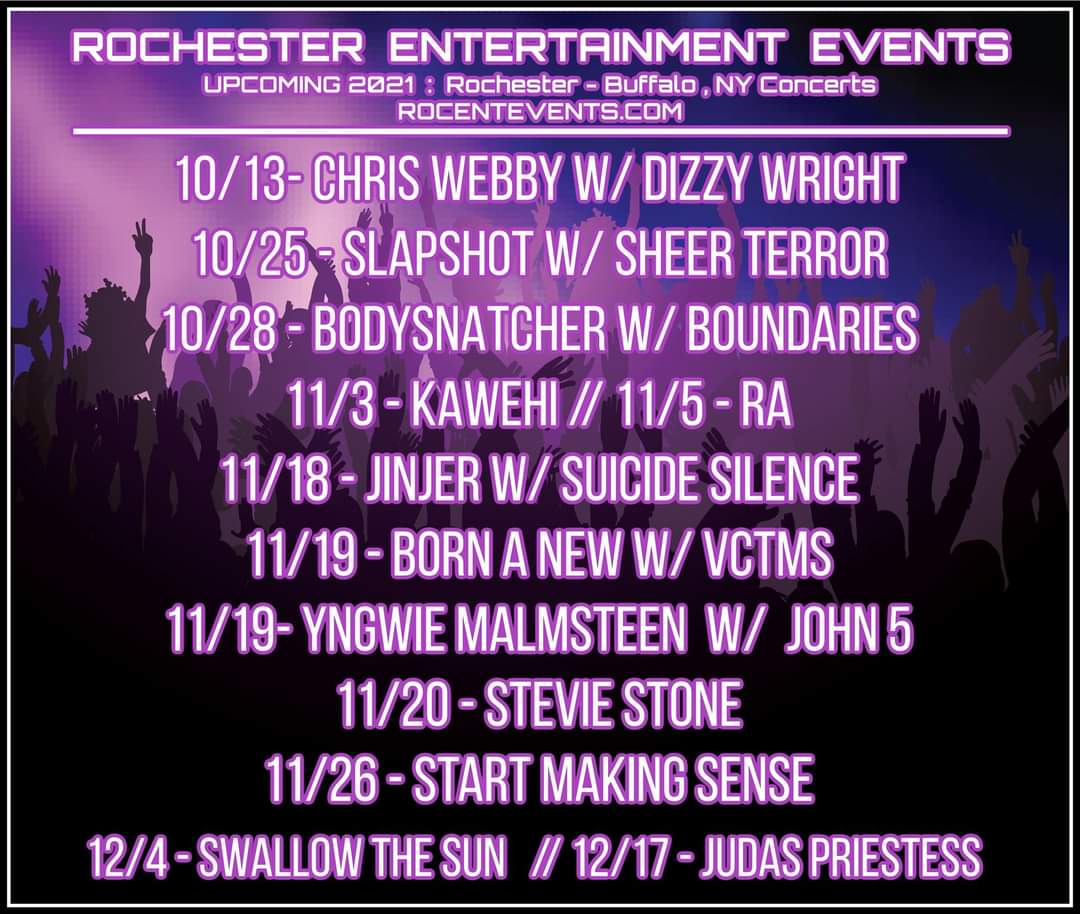 Upcoming Rochester Entertainment Events

(Rochester/Buffalo, NY Concerts)

RocEntEvents.com / MontageMusicHall.com

Get your tickets, and we'll see you there!!