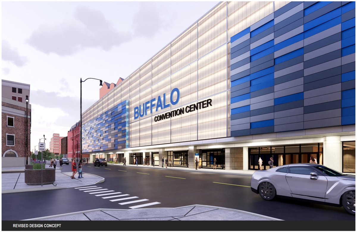 markpoloncarz's tweet photo. Today, I am proud to reveal the new façade design for the @BFLOconvention. This design incorporates steel cladding and a polycarbonate face that can be backlit using LED lighting to any color. The steel blue panels are a nod to our beautiful waterfront. 1/3 https://t.co/9Gjf9TtVA2