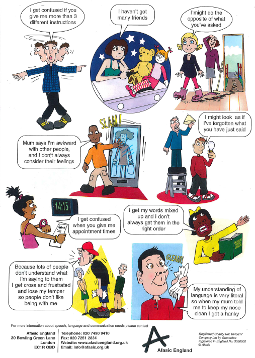 I love this highly visual handout produced by AFASIC which is easily accessible and clearly shows many of the challenges encountered by children and young people with DLD.