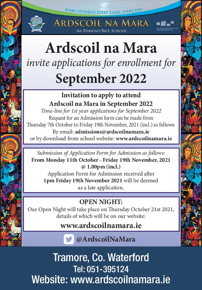 Applications to attend Ardscoil na Mara in September 2022 are now being accepted. We look forward to welcoming students from 6th class on the 21st Oct to our Open Night. Invitations will be issued to students this week outlining their tour time. ardscoilnamara.ie/page/Admission…