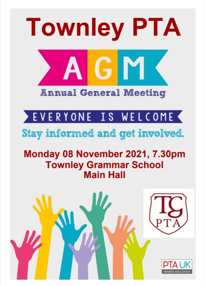 Thinking about getting involved with the @TownleyGrammar PTA? Come along to the AGM, Mon 8th Nov at 7.30pm in the main hall.
There's also more info about 2nd hand uniform, volunteering etc at townleypta.co.uk
It's a great way to meet more people in the school community!