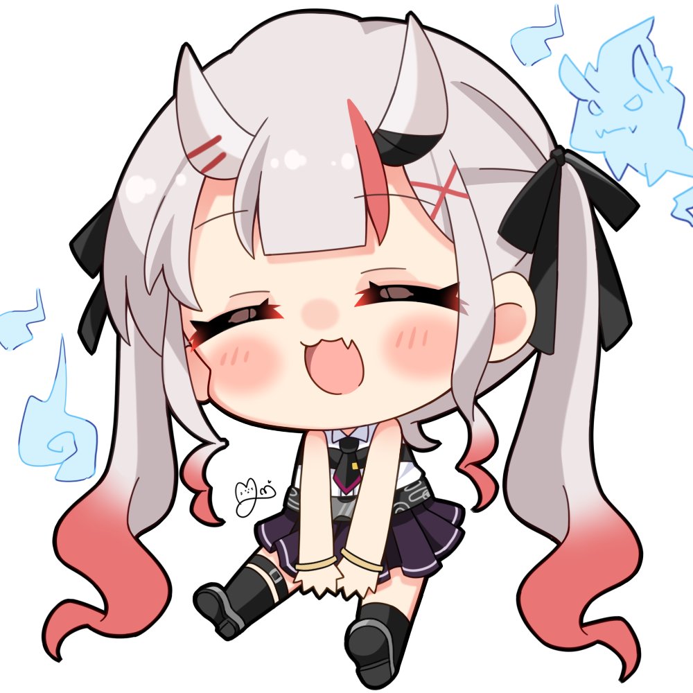 nakiri ayame 1girl chibi horns closed eyes twintails solo fang  illustration images