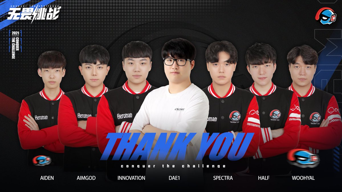 Today we are saying goodbye to Head Coach @Dae1_hs , @innovation_ow , <a href="/ow_spectra/">Spectra</a> , <a href="/WOOHYAL/">WooHyaL_OW</a> , <a href="/HHHHHALF/">HALF</a> , <a href="/aimgod_ow/">AimGod</a> and <a href="/Aiden_OW/">Aiden</a> .

We would like to sincerely thank for what you have done for Team CC in Season 2021.

Thank you for everything!