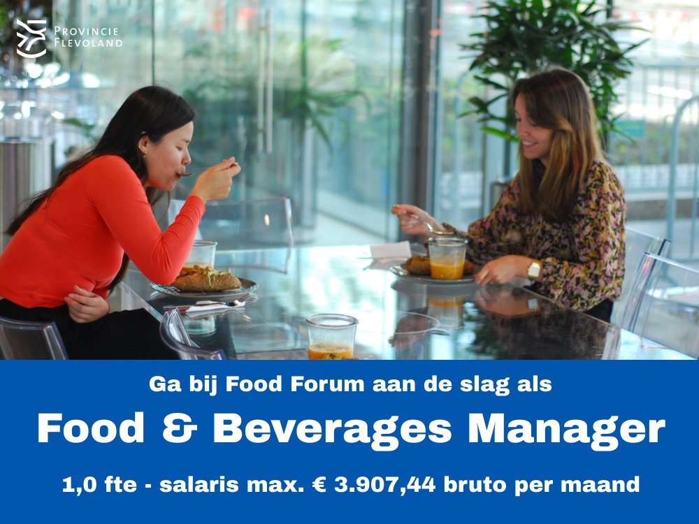 Wij zijn op zoek naar een Food &amp; Beverages Manager bij Food Forum. Interesse? Bekijk dan de vacature op: bit.ly/3FExY6h . Deze vacature staat open tot 1 november 2021.
#Flevoland #vacature #FoodForum #fulltime