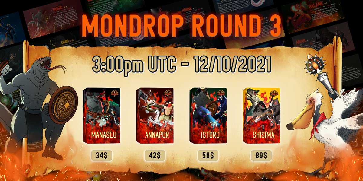 Mondrop Round 3 will be converted into Public Sale for everyone easier to approach the game.

Round 3 will start at 3:00 PM UTC - Oct 12th.

Public Sale link: wax.atomichub.io/drops/83751+83…

For those who submitted whitelist application form will receive a blackcard.