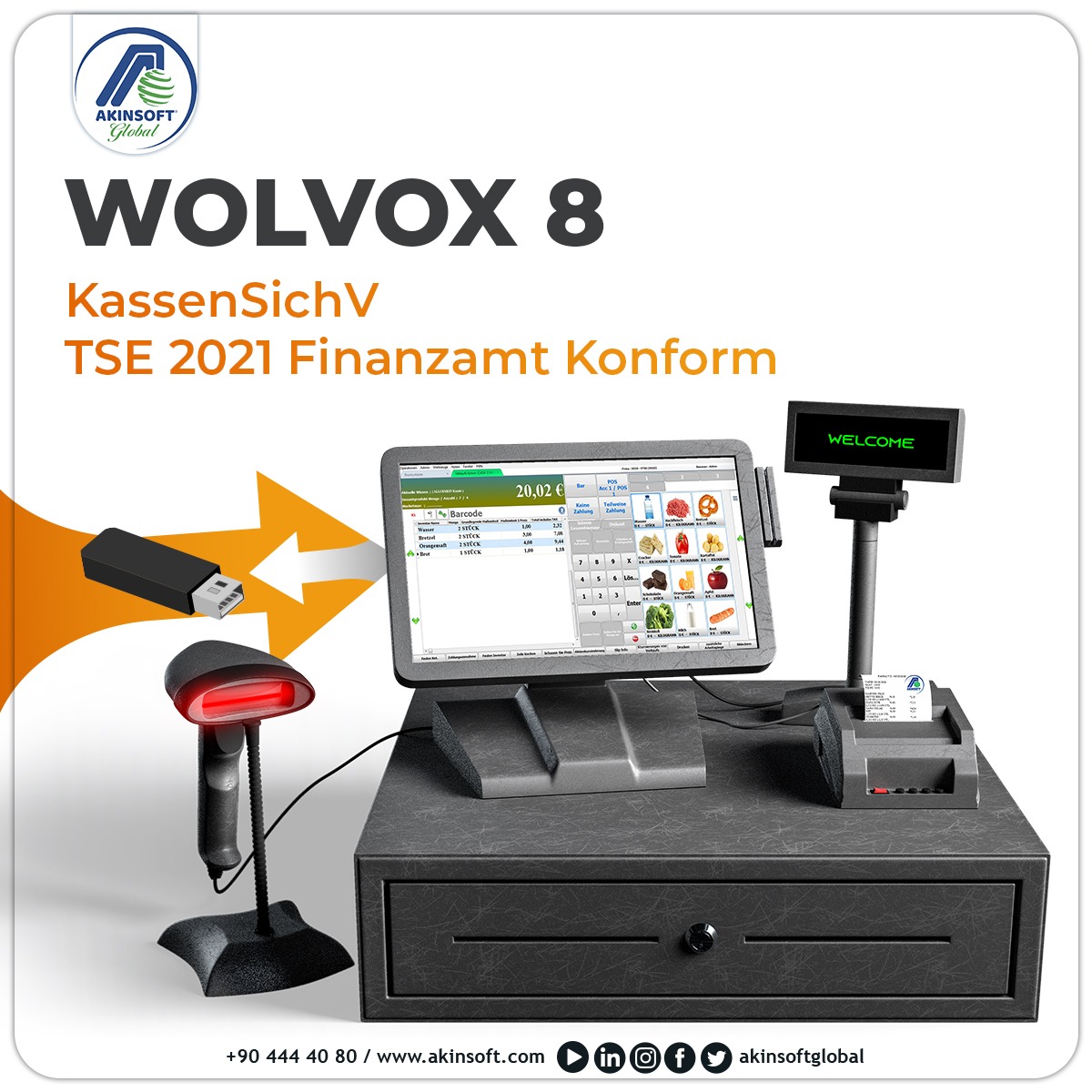 AkinsoftGlobal's tweet photo. You can ensure that your cash register transactions are securely recorded on the TSE device (Certified Security System) under KassenSichV.

#dataaccess #datenexport #tse #erp #business #akinsoft #ingermany #akinrobotics #deutschland #turkey https://t.co/jiI0fzRxSC