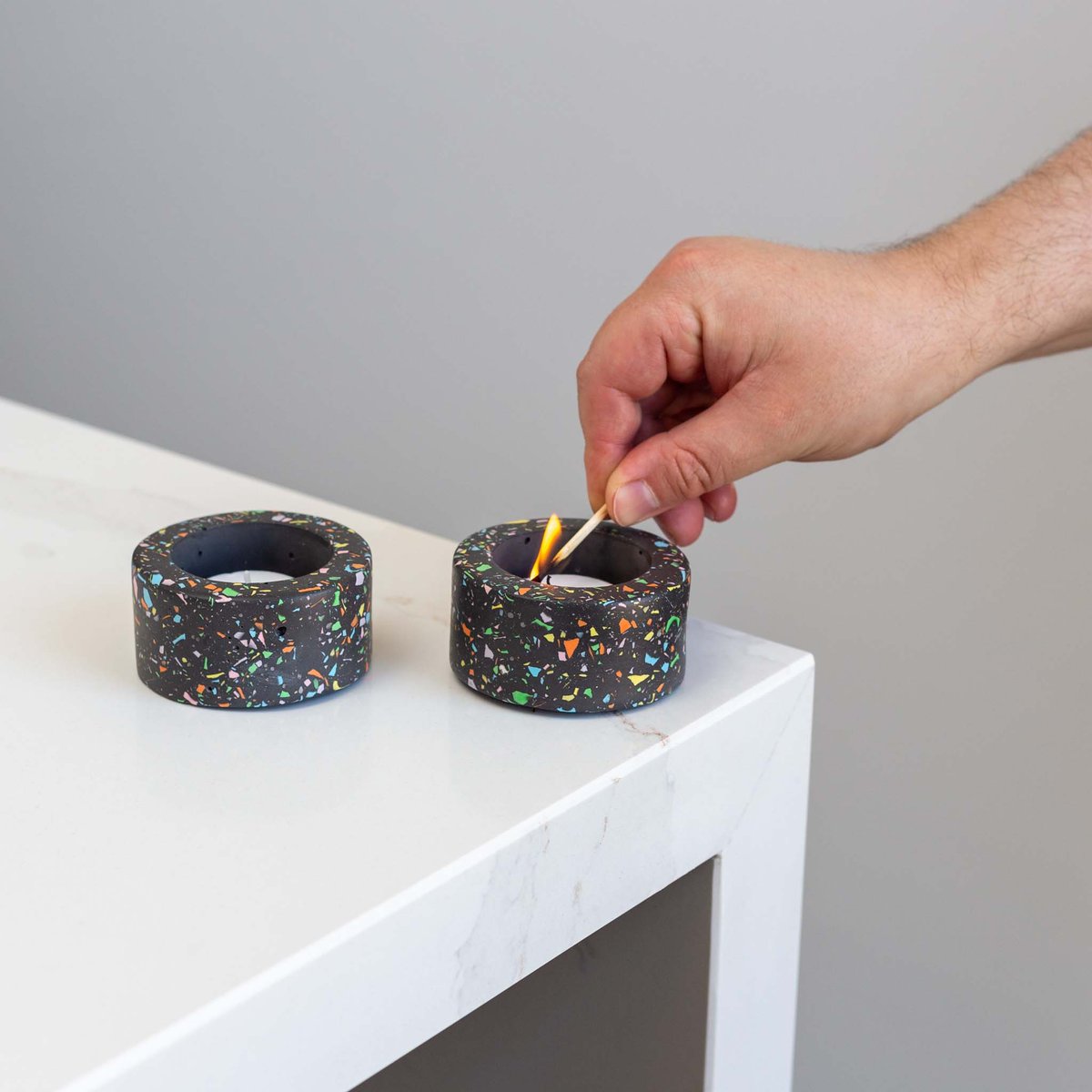 haboo_ie's tweet photo. How quickly did summer disappear? I've been using these terrazzo tea-light holders to bring some light to the nights. They come as a pair and both unique in pattern. Shop at https://t.co/oZHxkteTRL  #irishinteriors #supportirish #irishbusinesswomen #waterford #HABOO https://t.co/EJ6nBnCGoj