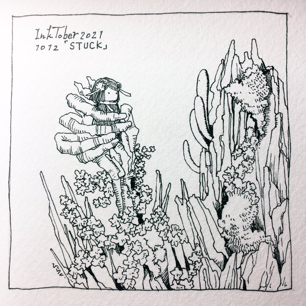 10/12: STUCK
ピンチです。
In a pinch.
#inktober2021 #Inktober2021day12 #Pavot #ペン画
