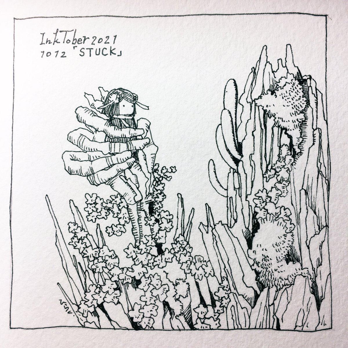 10/12: STUCK

ピンチです。
In a pinch.

#inktober2021 #Inktober2021day12 #Pavot #ペン画 