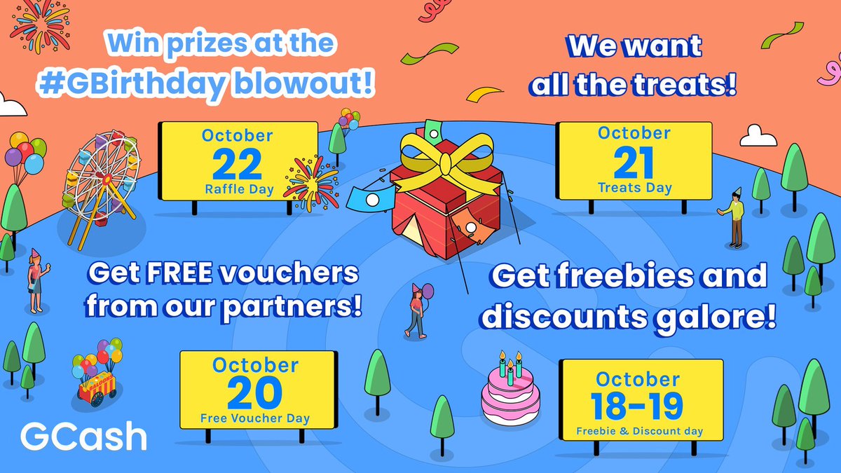 gcashofficial's tweet photo. G na kami mag-party! May pa-big blowout kami for you worth 25M of freebies, exclusive deals, and raffle prizes! Halika na sa #GBirthday party in the GCash App. 

Visit the links below to learn more about #GBirthday! 🥳 #GCash

🎈 https://t.co/7UXuE4MhFo
🎁 https://t.co/bfmQvNjxWS https://t.co/OuG2gDjIOv