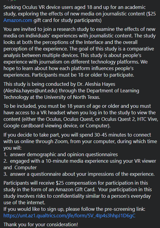 AleshiaProf's tweet photo. Seeking Oculus VR users aged 18+ for a #ResearchStudy ($25 Amazon gift card for participants).

Sign up for a 30-minute study, conducted by Dr. Aleshia Hayes through the Department of Learning Technology at the University of North Texas: https://t.co/BbjFEl5PaT

RTs appreciated🤩 https://t.co/9Kt3OE9pBf