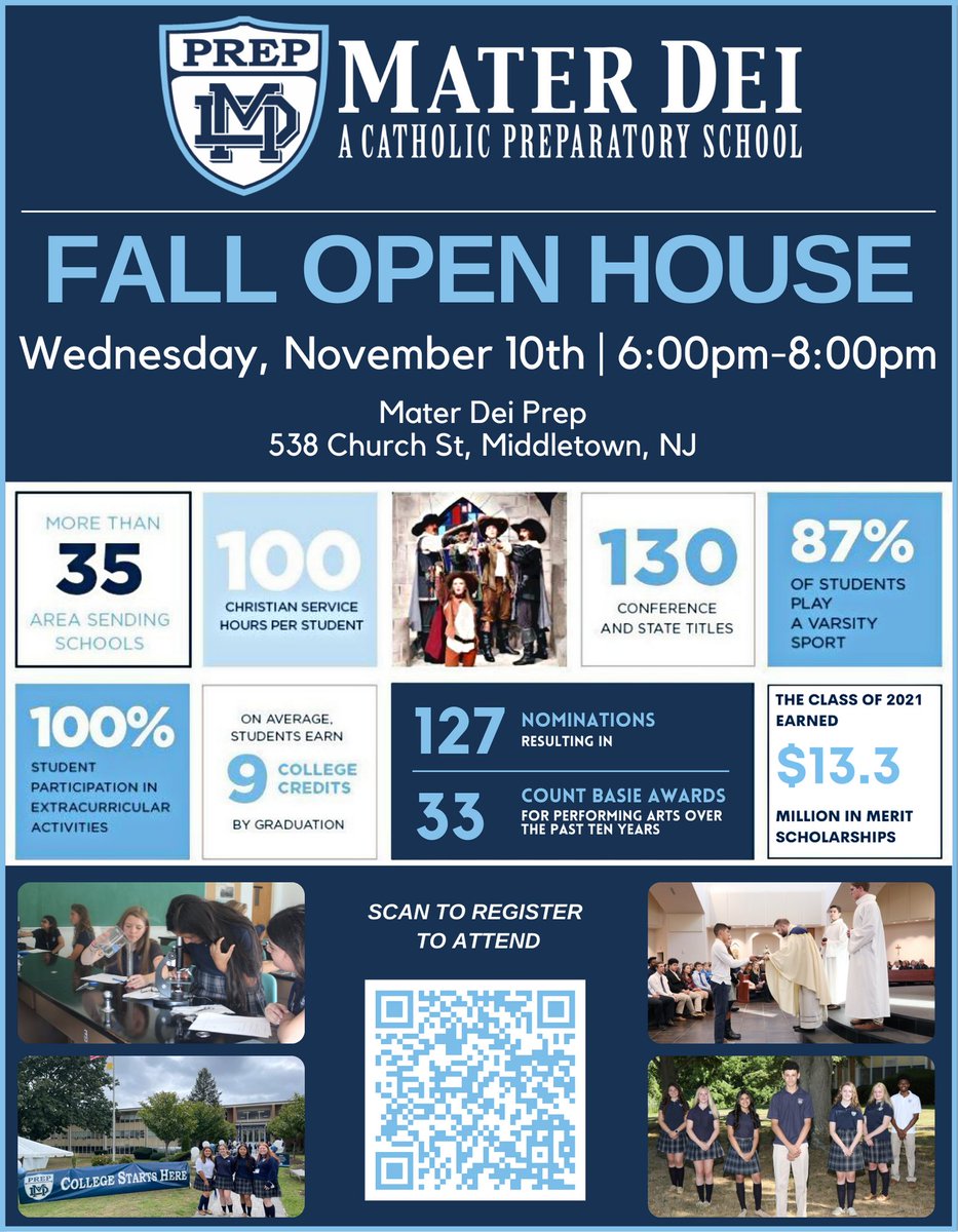 Join us on Wednesday, November 10th from 6-8pm to meet students, faculty &amp; staff and to receive information on our curriculum, programs and athletics! Use this link to register to attend and see the unique individualized education Mater Dei Prep provides! bit.ly/3FC2KN3