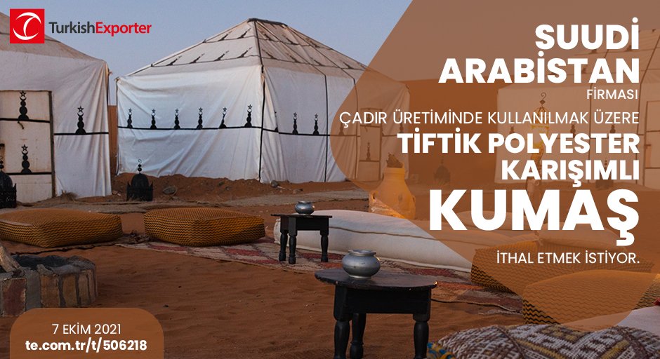 ihracatcomtr's tweet photo. 💡İhracat Fırsatı!
📍Suudi Arabistan firması, çadır üretiminde kullanılmak üzere tiftik polyester karışımlı kumaş ithal etmek istiyor.
⭐Bu ihracat fırsatının detaylarına erişmek için linke tıkla!
👉https://t.co/bS2NKCrWqy
#ihracat #export #import #fabric #polyesterfabric https://t.co/rEuvGL3JF9