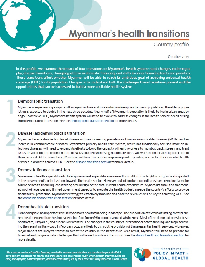 NEW! #Myanmar faces #healthtransitions in diseases, demography, domestic finance, & donor aid. Our report (led by @AshwiniD1610 @WenhuiMao, @GYamey & coauthors at @cp_intl) examines challenges & opportunities presented to the Myanmar #healthsystem: bit.ly/myanmarhealtht… @WHO