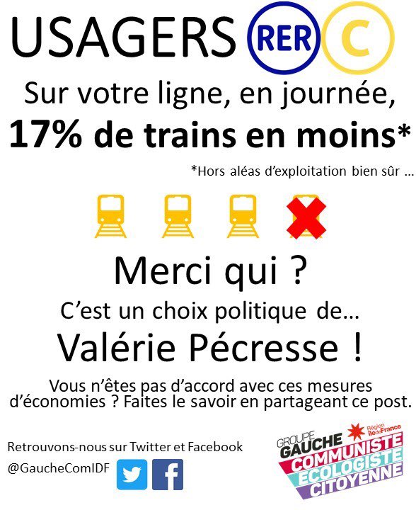GaucheComIDF's tweet image. 🔴MOINS DE RER : C’EST VOTÉ😡 
La fréquence de 6 lignes de RER et de Transilien diminue❗️
↪️ Un choix de V. Pécresse voté hier pour faire des économies❗️
↪️ Suivez-nous sur @GaucheComIDF
