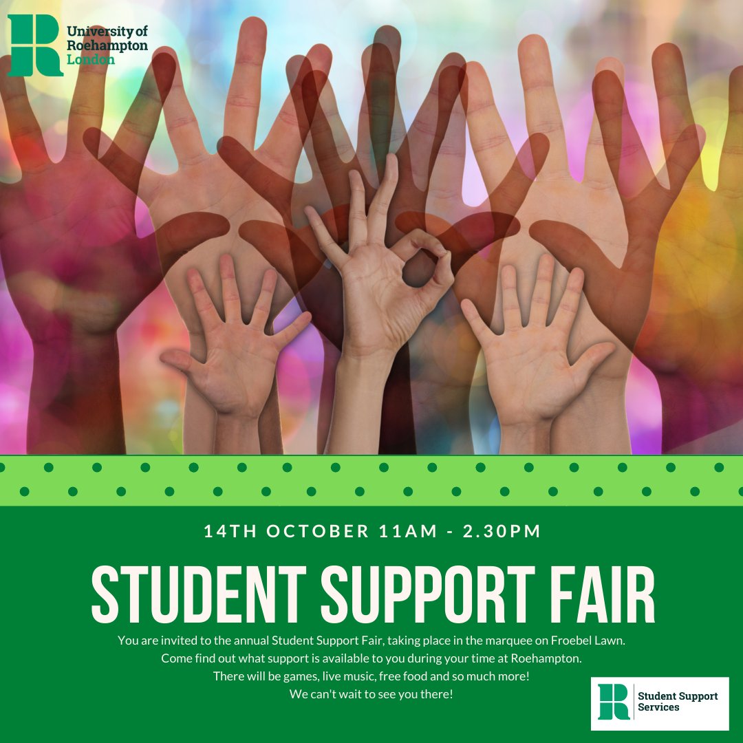 You are invited to the annual Student Support Fair, taking place in the marquee on Froebel Lawn.

Come find out what support is available to you during your time at Roehampton.

There will be games, live music, free food and so much more!

We can't wait to see you there!