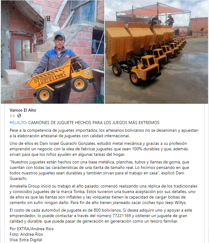 patriciamireya's tweet photo. El costo de cada automóvil de juguete es de 800 bolivianos. Si desea adquirir uno y apoyar a este emprendedor, lo puede contactar a través del número 7722116. https://t.co/LkASL80HYP