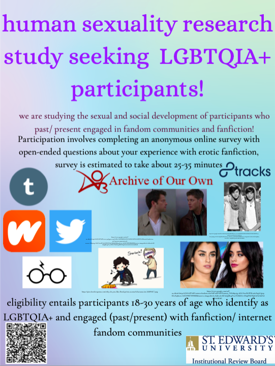 ScienceMouse7's tweet image. My thesis student Emma is seeking participants 18-30yrs for her study on fanfic and LGBTQIA+ communities!! Please RT (and feel free to participate if eligible!). #fanfic #fanfiction #LGBTQIA