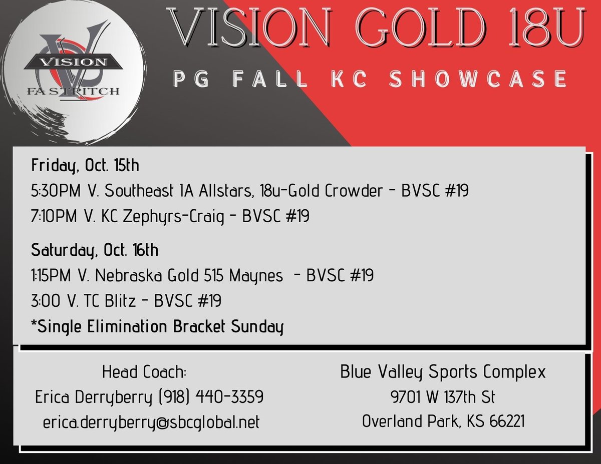 Fall tournament season is finally HERE!!! Can’t wait to take the field with this team in KC this weekend at the annual KC Fall Showcase! <a href="/VisionFastpitch/">Vision Fastpitch</a> <a href="/PG_Softball/">Perfect Game Softball</a>