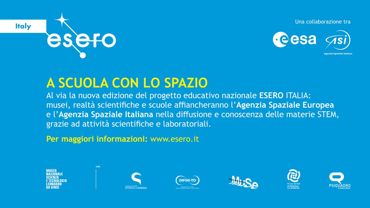 Città della Scienza (@cittascienza) on Twitter photo Al via la nuova edizione del progetto educativo nazionale #ESEROITALIA: musei, realtà scientifiche e scuole affiancheranno l’<a href="/esa/">European Space Agency</a> e l’<a href="/ASI_spazio/">Agenzia Spaziale ITA</a> nella diffusione e conoscenza delle materie #STEM, grazie ad attività scientifiche e laboratoriali.
Info➡️esero.it Al via la nuova edizione del progetto educativo nazionale #ESEROITALIA: musei, realtà scientifiche e scuole affiancheranno l’<a href="/esa/">European Space Agency</a> e l’<a href="/ASI_spazio/">Agenzia Spaziale ITA</a> nella diffusione e conoscenza delle materie #STEM, grazie ad attività scientifiche e laboratoriali.
Info➡️esero.it