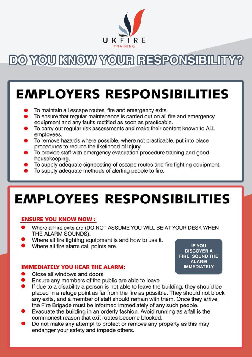ukfiretrain's tweet photo. Do you know your responsibilities as an employee/employer? 
Do your employees know what to do in the event of a fire?

Get in touch with our team at UK Fire Training for more details on our fire safety courses on 0800 216 764 

#firesafety #firesafetycourses #firesafetytips #fire https://t.co/7FwLvpkKZ5