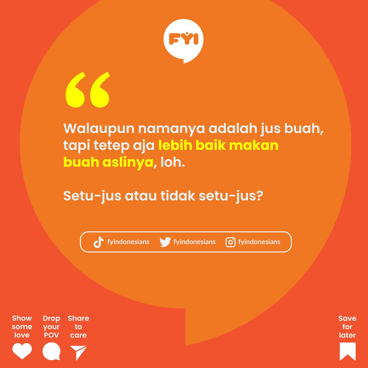 FYIndonesians's tweet photo. Minum jus tiap hari,
Biar sehat katanya.
Tapi gulanya skeri,
Bikin sakit jadinya.

Ehm kok malah pantun. Tapi nggak apa-apa. Semoga besties jadi inget untuk selalu #CekLabel dan aware dengan jumlah gula dari minuman kamu yaa~

#akumanisminumankujangan #minumanberpemanis https://t.co/tTv9nAWN0H