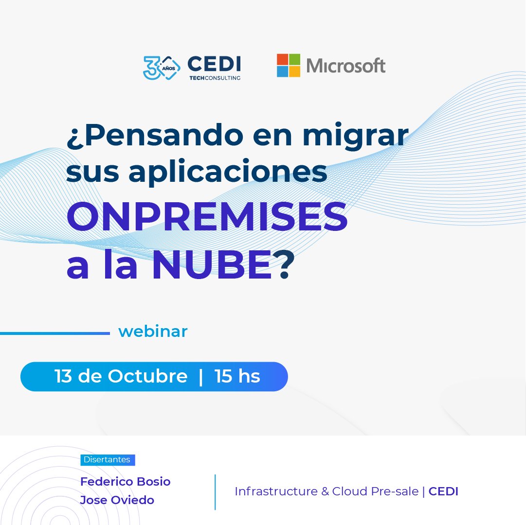 CEDITECHOK's tweet photo. Te invitamos a nuestro próximo Webinar: 
¿Pensando en migrar sus aplicaciones #Onpremises a la #Nube?

📆 Miércoles 13 de Octubre
⏰ 15hs | Por Microsoft Teams⁠
¡Registrate! ➡️ https://t.co/PkmwH1H5bh

#Azure #Microsoft #Tech #Technology #Almacenamiento #Innovation #cloud https://t.co/pF5Sb8HSrm