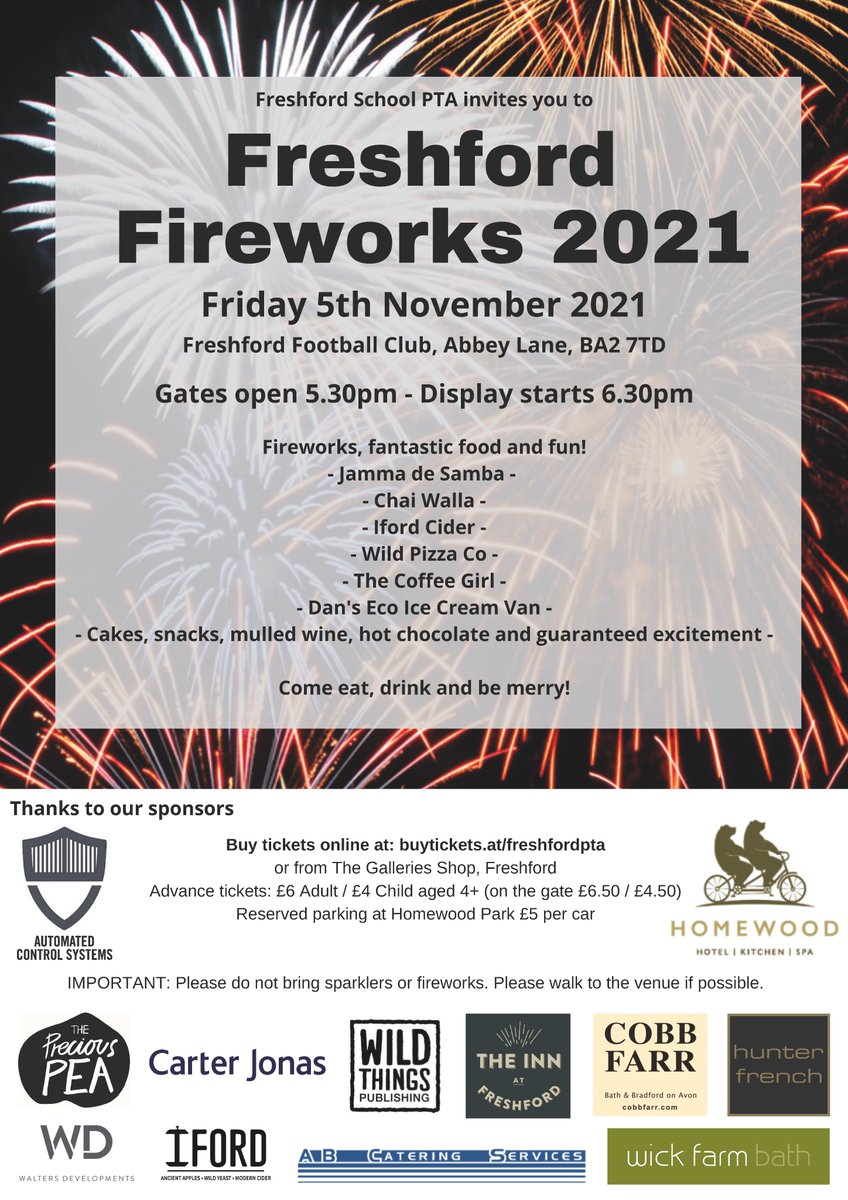 Freshford Fireworks are back! Tickets now available from buytickets.at/freshfordpta