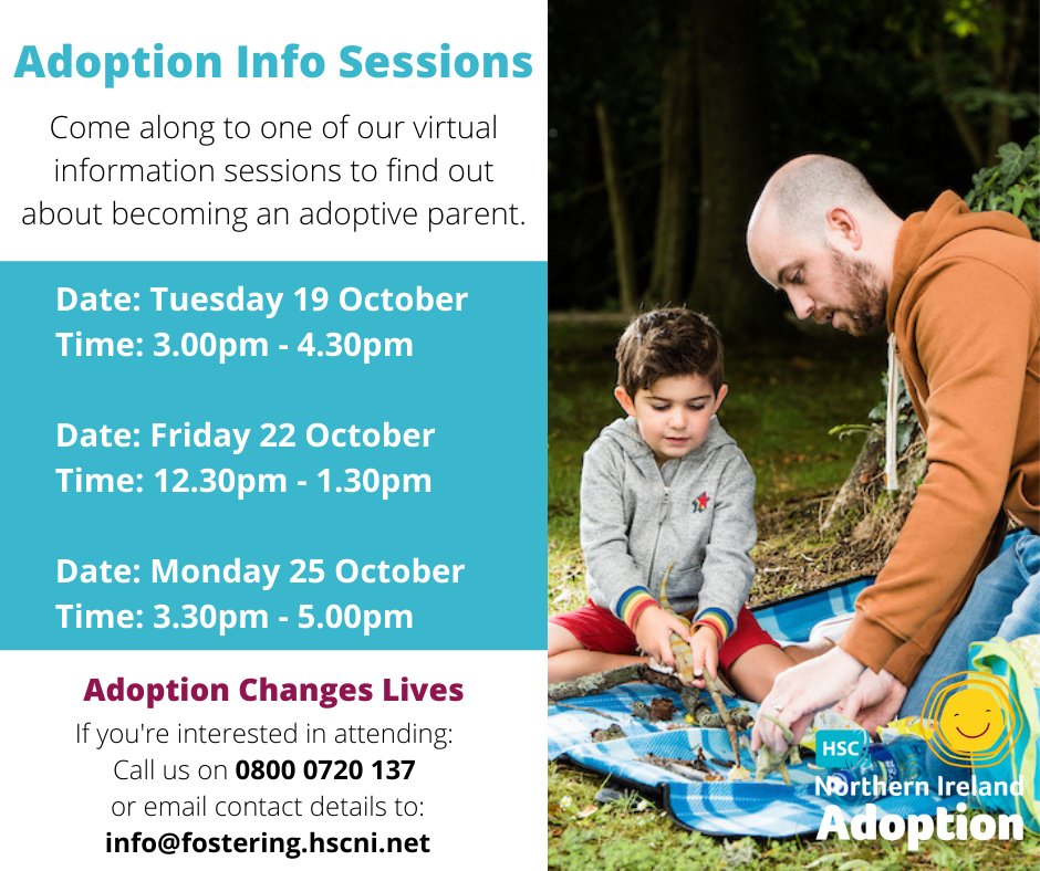 If you're interested in becoming an adoptive parent, come along to one of our virtual info sessions.

To register:
📞0800 0720 137 
or email your contact details to:
info@fostering.hscni.net

#HSCNIAdoption 
@BelfastTrust @NHSCTrust @SouthernHSCT @setrust @WesternHSCTrust