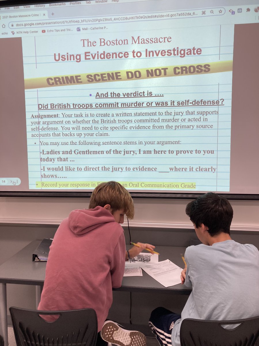 BostonMassacre CSI is one of my favorite lessons. Students are engaged in reading primary source eyewitness accounts, collaborating, debating, and creating a statement to the jury on whether British troops committed murder or acted in self defense.<a href="/poormankim/">Kim Poorman</a> @ComalSocStudies