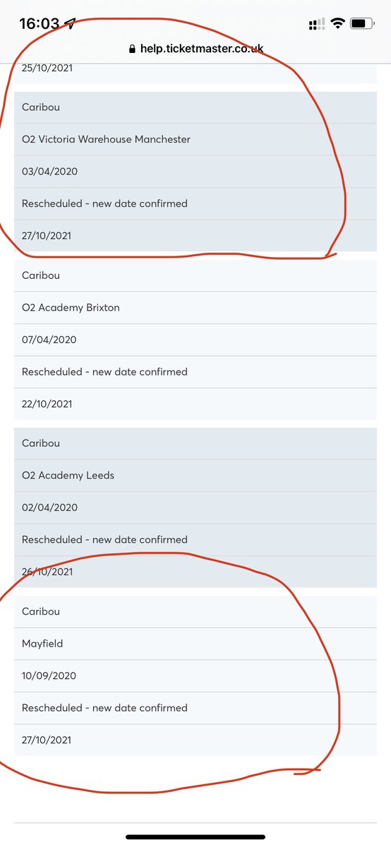 cabeloe's tweet photo. Hello @Ticketmaster, which venue in Manchester is @caribouband playing at on 27th October in Manchester at 7pm? My rescheduled tickets on your app say @O2VicWarehouse but it’s being heavily advertised as a @WHP_Mcr event at @MayfieldDepot. Are my tickets valid? https://t.co/oJ3ACLevA9
