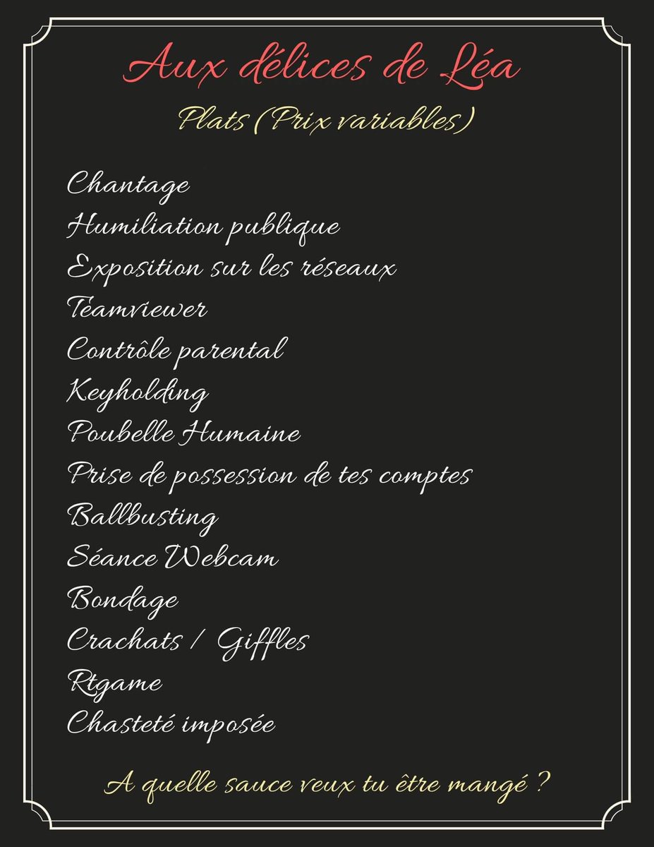 DeesseLea2's tweet photo. Avant de me demander ce que je pratiques, je te remet mon menu 🤭 https://t.co/iS5H7zROcb