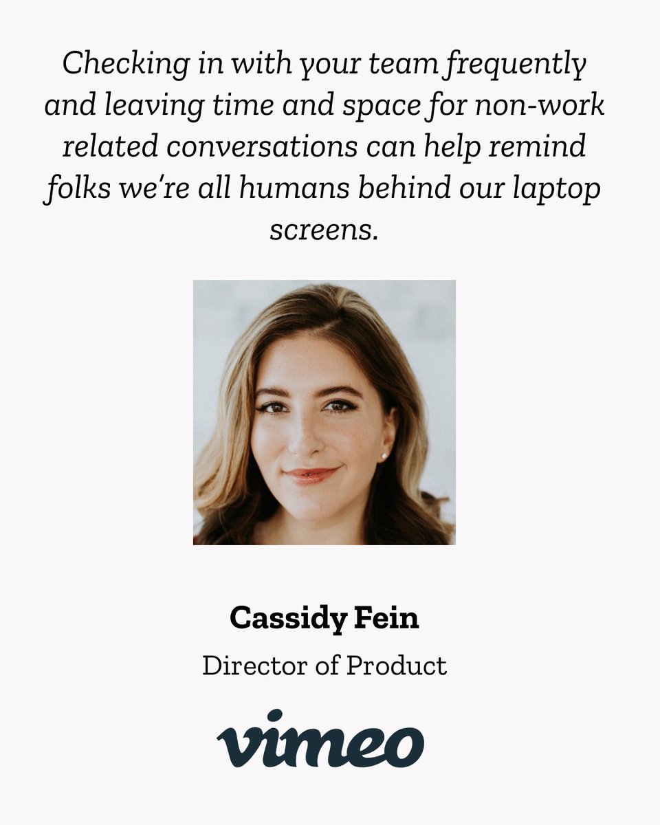RemoteToolbox's tweet photo. Cassidy Fein is a Director of Product at @Vimeo and an instructor at @MindtheProduct.

🧰 In her interview, she emphasizes how Vimeo's people-first culture helps teammates build human connections that go beyond work-related topics.

👉 Read it all here: https://t.co/JXc7cnbJU6 https://t.co/kuQI42guSL