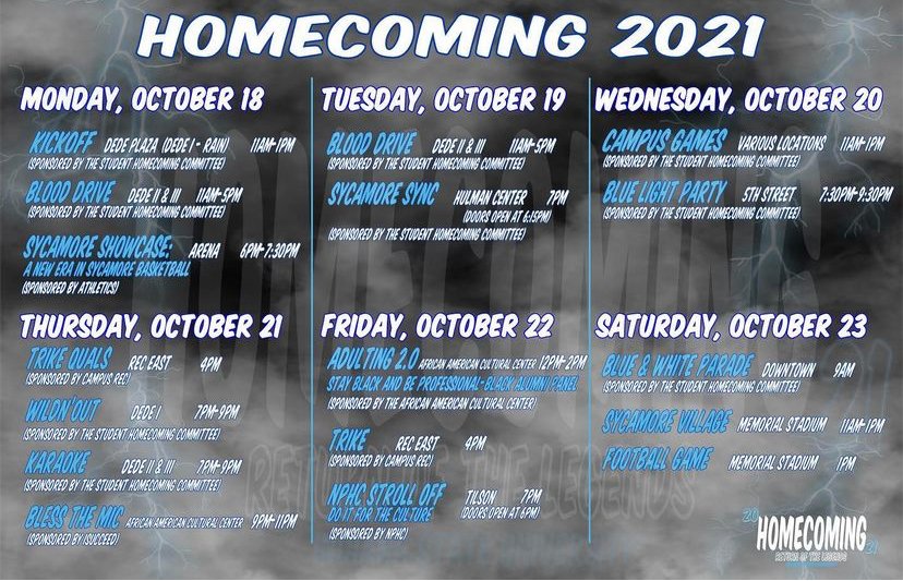 StateHMSU's tweet photo. Hey Sycamores! Homecoming is approaching fast so check out the official flyer for the week! Homecoming week is packed full of fun events that you definitely do not want to miss out on! #returnofthelegends #indianastateuniversity #sycamores https://t.co/Jd2qKqtrYE
